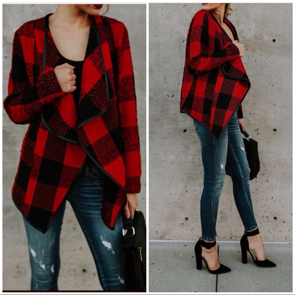 5⭐️RESTOCK ❣️DEBBIE Red black plaid lattice- Coat - Picture 2 of 5